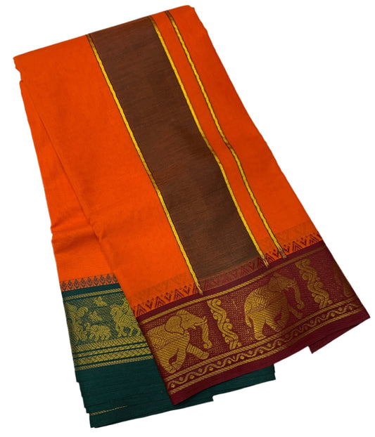 9X5 Cotton Dhoti Orange Colour with Maroon and Green Border