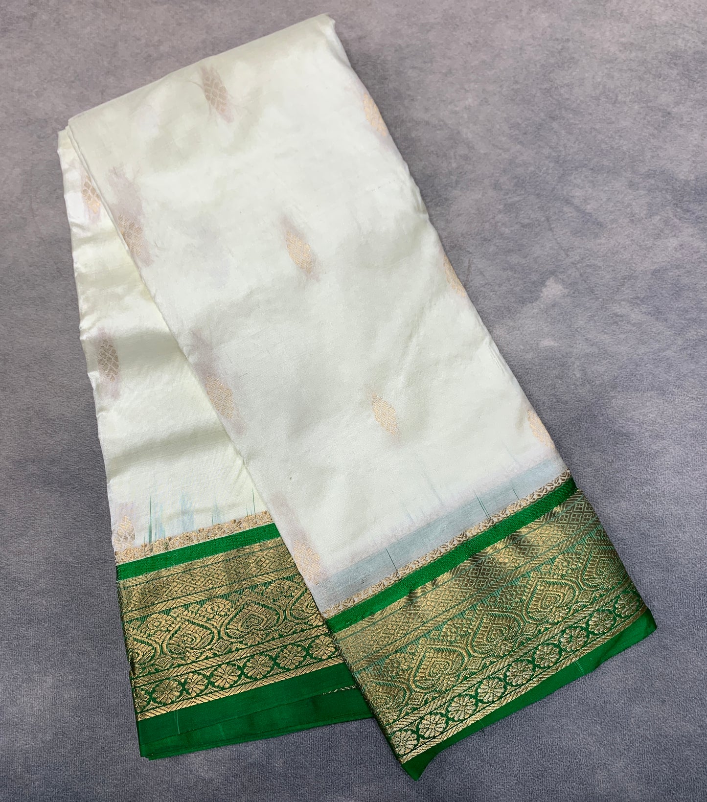 Pure Kanchipuram Silk White Colour with Green Border