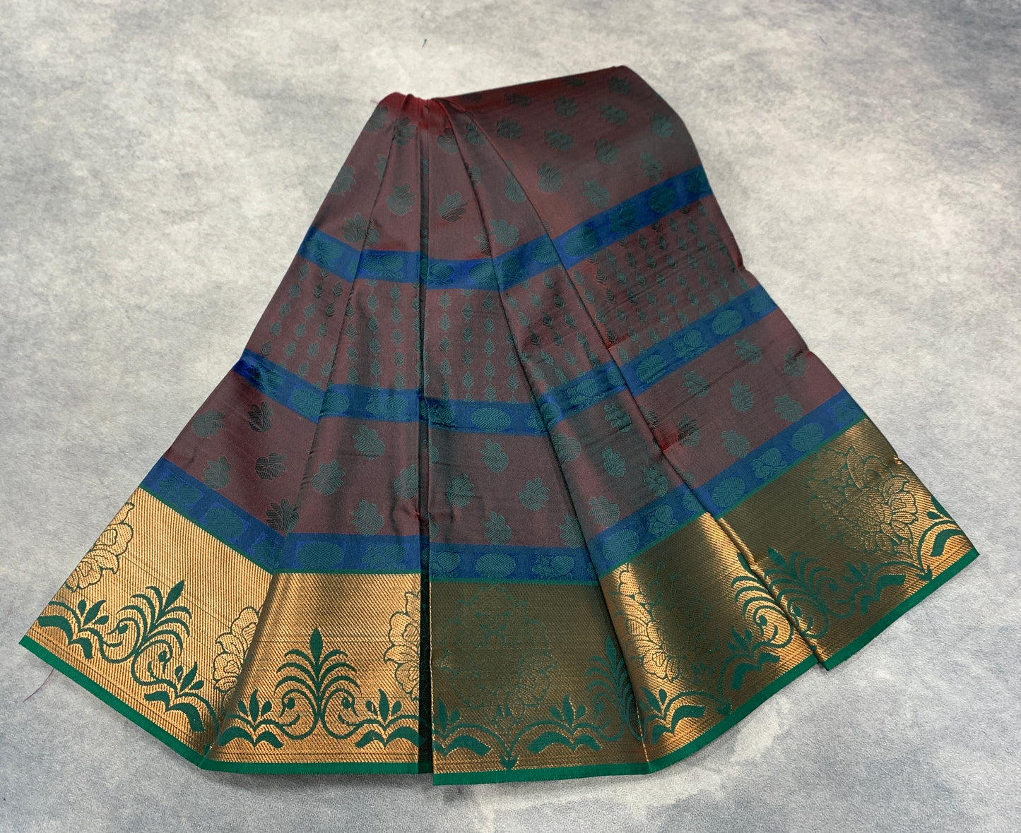 Synthetic Cotton Saree Dark Brown Colour with Golden Floral Design Border