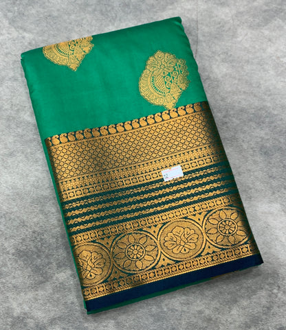 Soft Silk Casual Saree Light Green Colour with Blue and Golden Colour Border