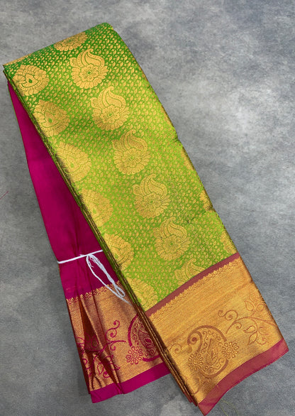Vegan Silk Saree Apple Green Colour with Pink and Copper Border