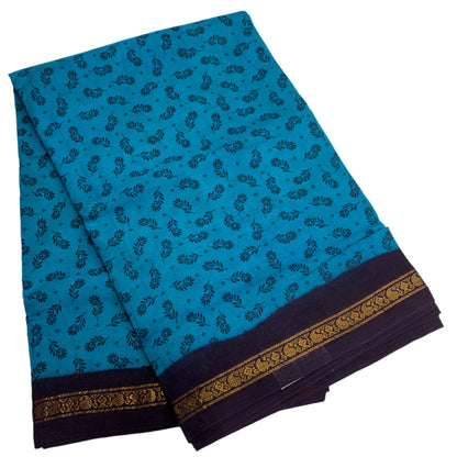 9 yards Cotton Saree Rama Blue Colour with Brown Border