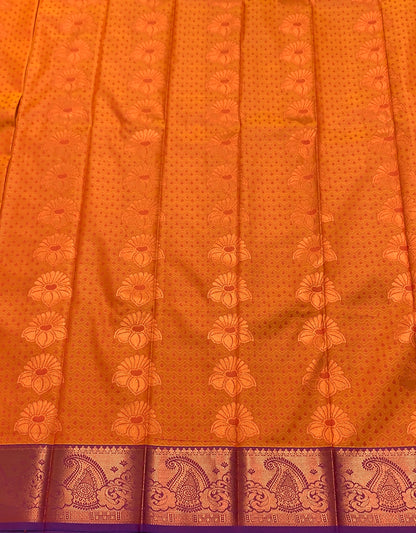 Vegan Silk Saree Light Orange Colour with Blue and Copper Border