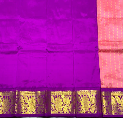 Peach Pink Shade Pure Kanchipuram Kids Pattu Pavadai with Contrast Border for Newborn to 2 Years