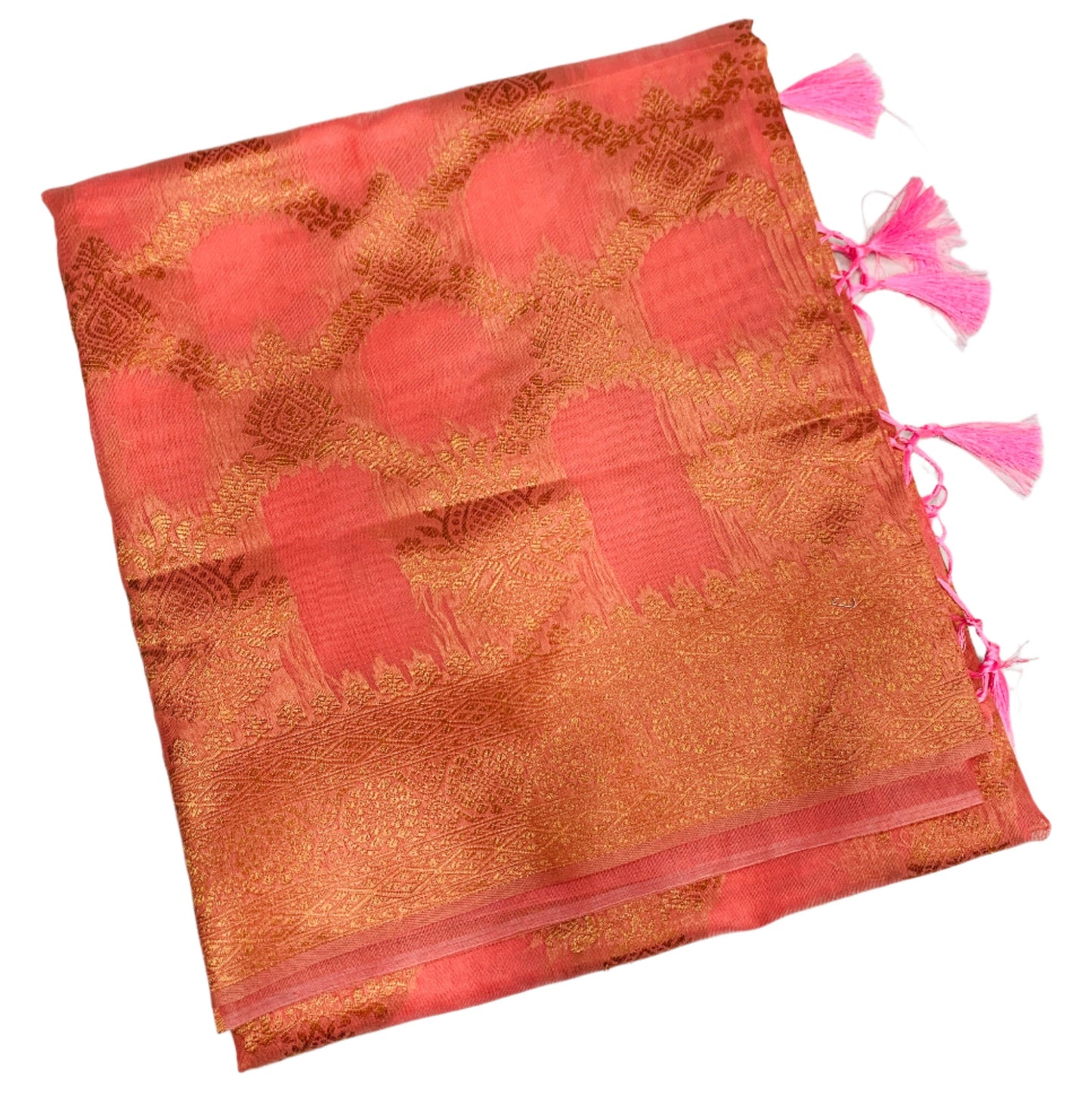 Banaras Katan Saree Peach Orange Colour with Katan Work Border