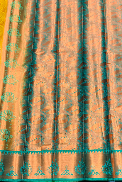 Vegan Silk Saree Lime Green Colour with Light Green and Copper Border