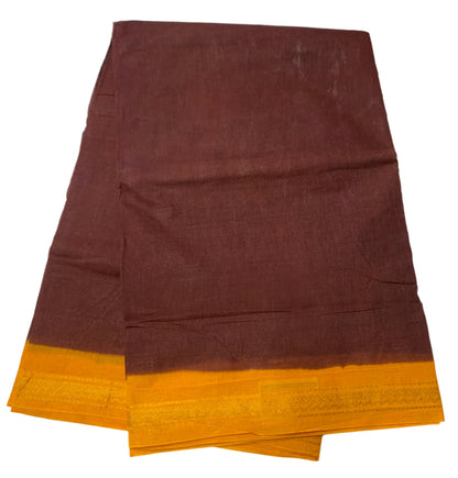 9 yards Cotton Saree Brown Colour with Yellow Border