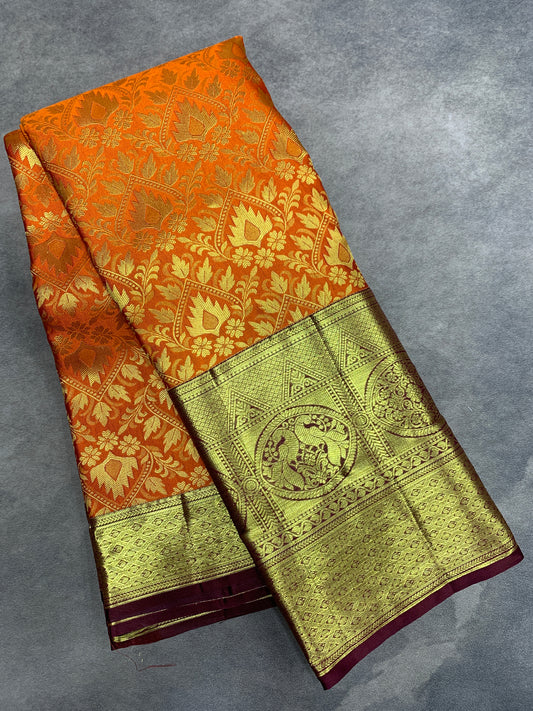 Orange Colour Soft Kanchi Tissue Pattu Saree with Brown border