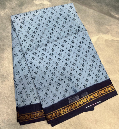 Chettinad Sungudi Cotton Gray Colour with Navy Blue Colour Border