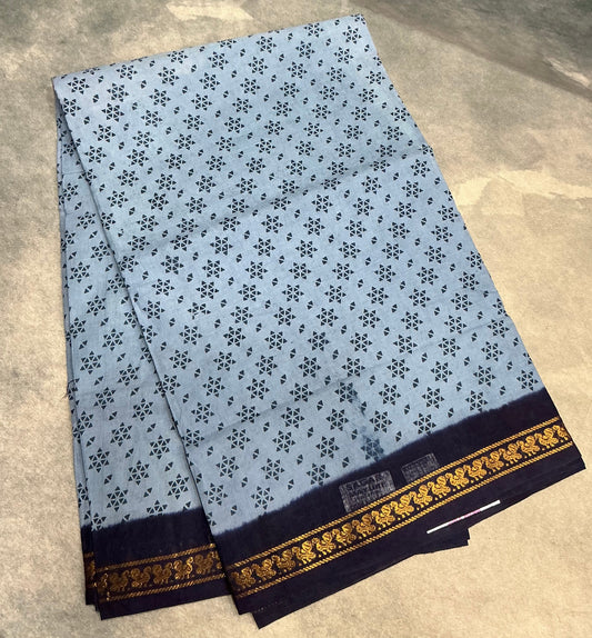 Chettinad Sungudi Cotton Gray Colour with Navy Blue Colour Border