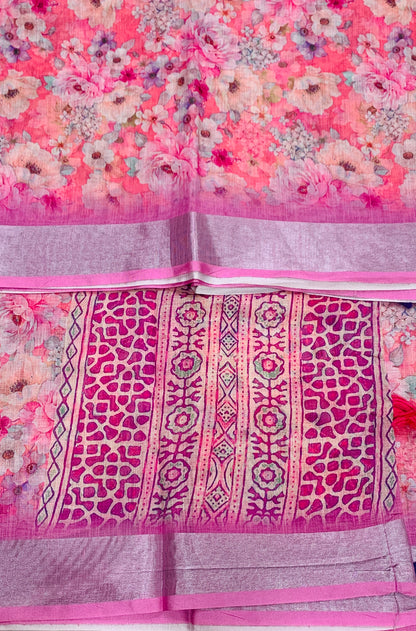 Jute Cotton Saree Pink Shade with Thread Border