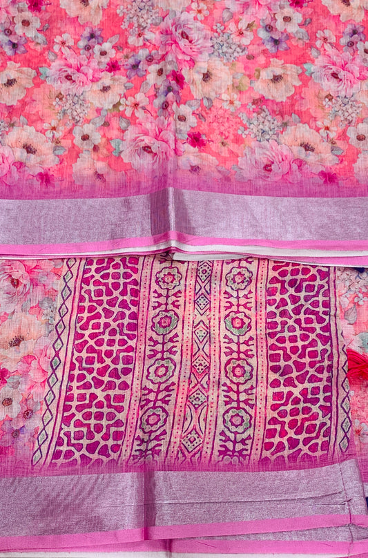 Jute Cotton Saree Pink Shade with Thread Border