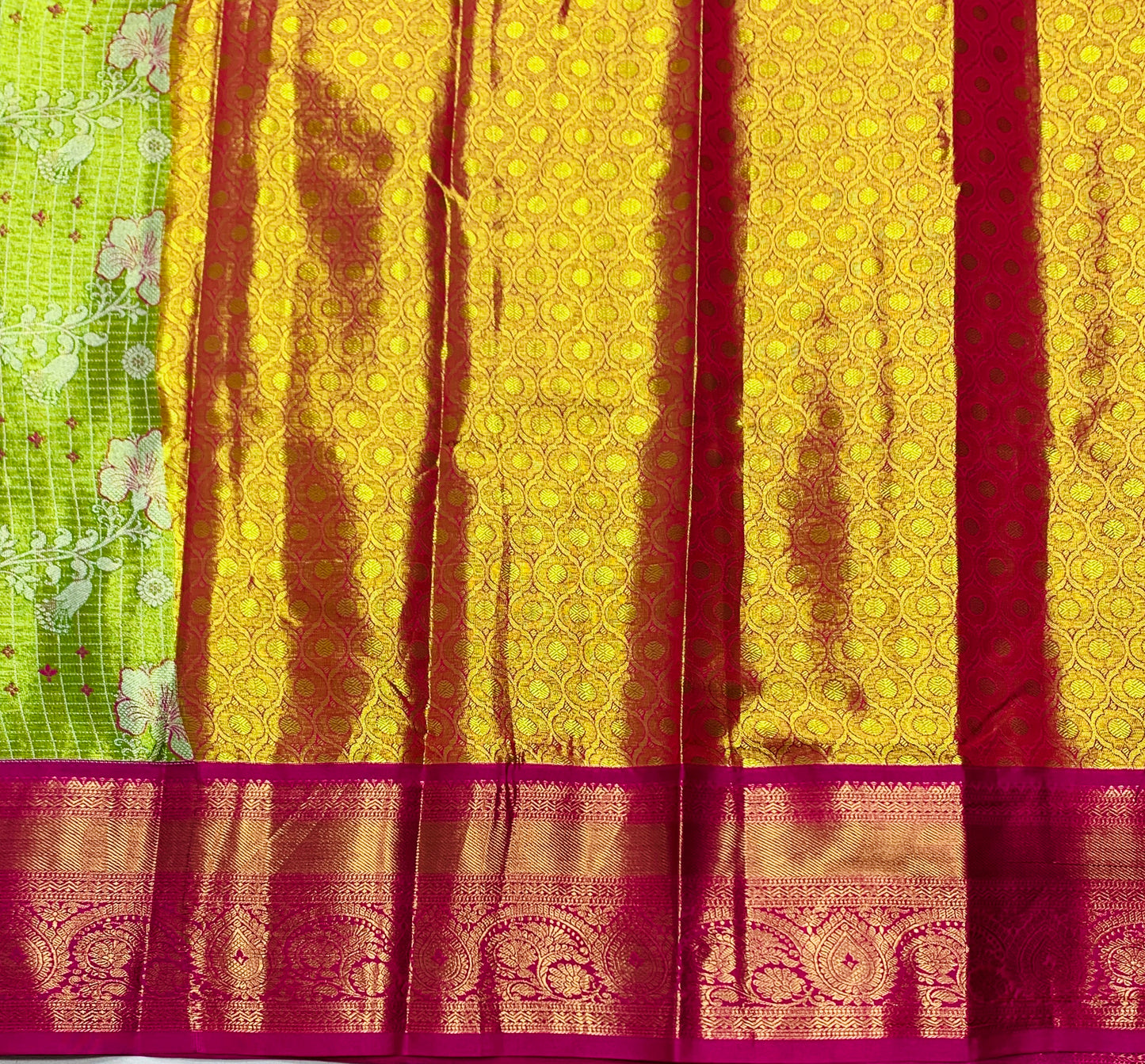 Neon Green Shade Vegan Silk Kids Pattu Pavadai with Contrast border for age 2 to 5