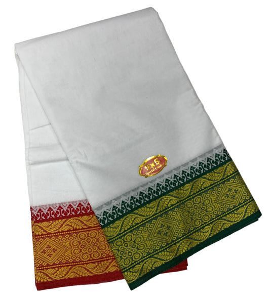 9X5 Cotton Dhoti White with Green and Maroon Ganga Jamuna Border