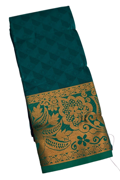 Synthetic Cotton Saree Dark Teal Green Colour with Golden and Floral Design Border