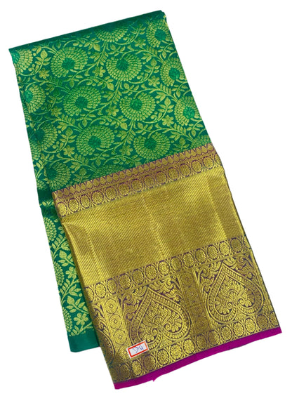 Green shade Pure Kanchipuram Kids Pattu Pavadai with contrast border for age 5 to 10