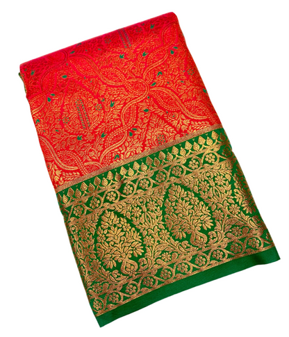 Vegan Silk Saree Red shade with Green Border