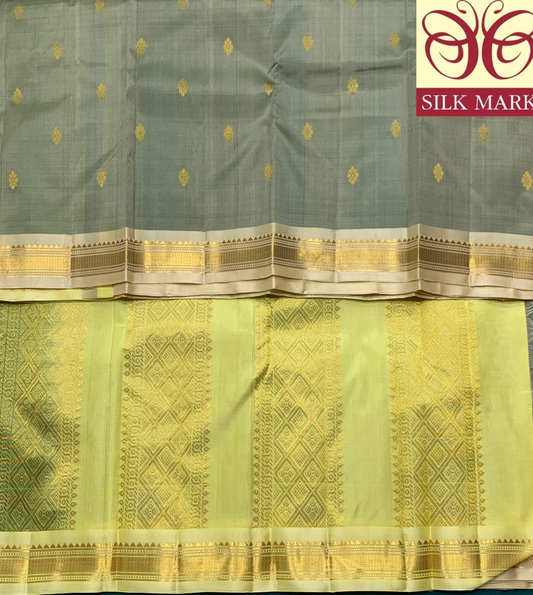 Pure Kanchipuram Silk Light Olive Green Colour with Ivory and Golden Zari Border