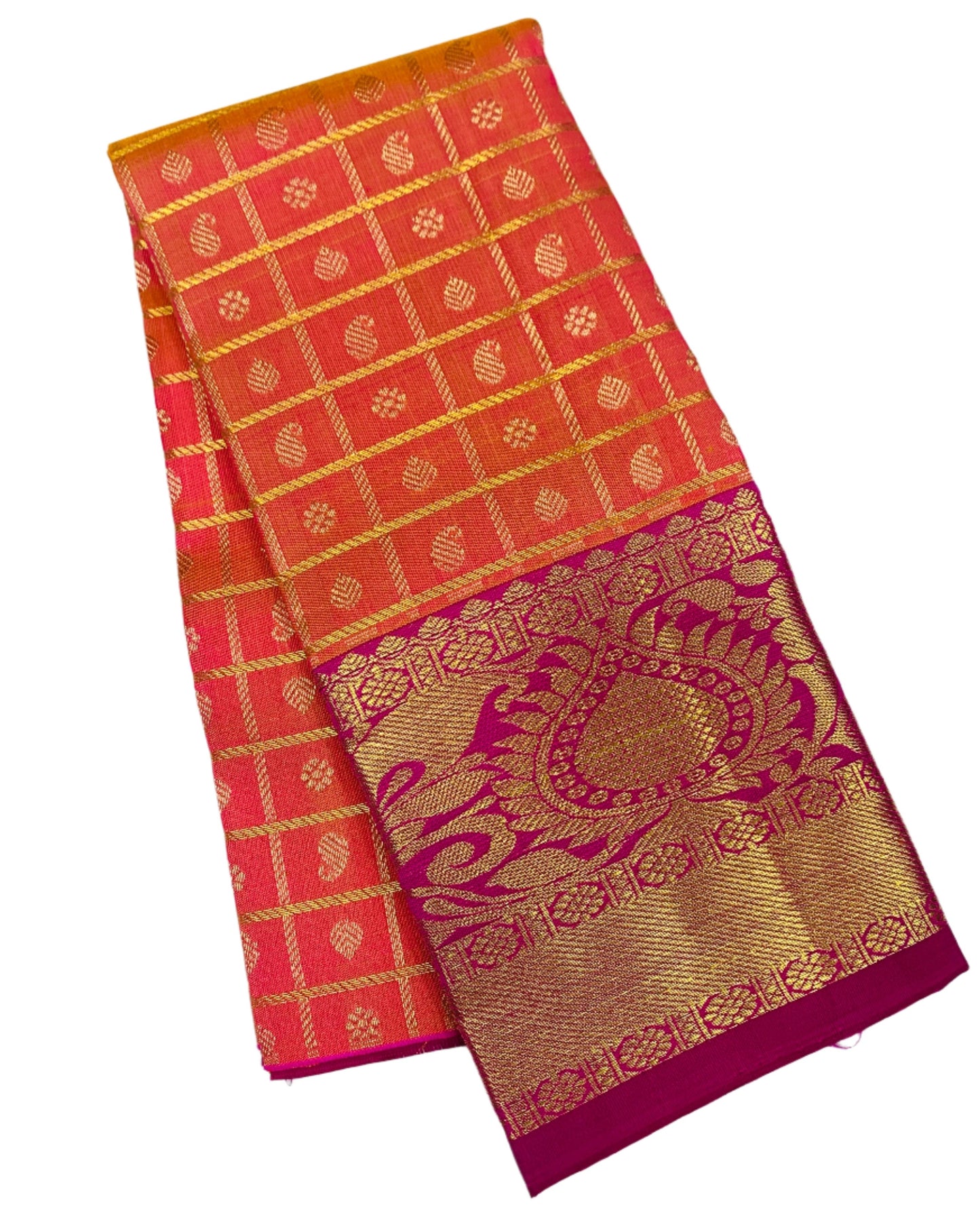 Peach shade Pure kanchipuram Kids Pattu Pavadai with contrast border for newborn to 2 Years