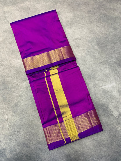 9X5 Pure Silk Dhoti Purple with Large Golden Zari Border