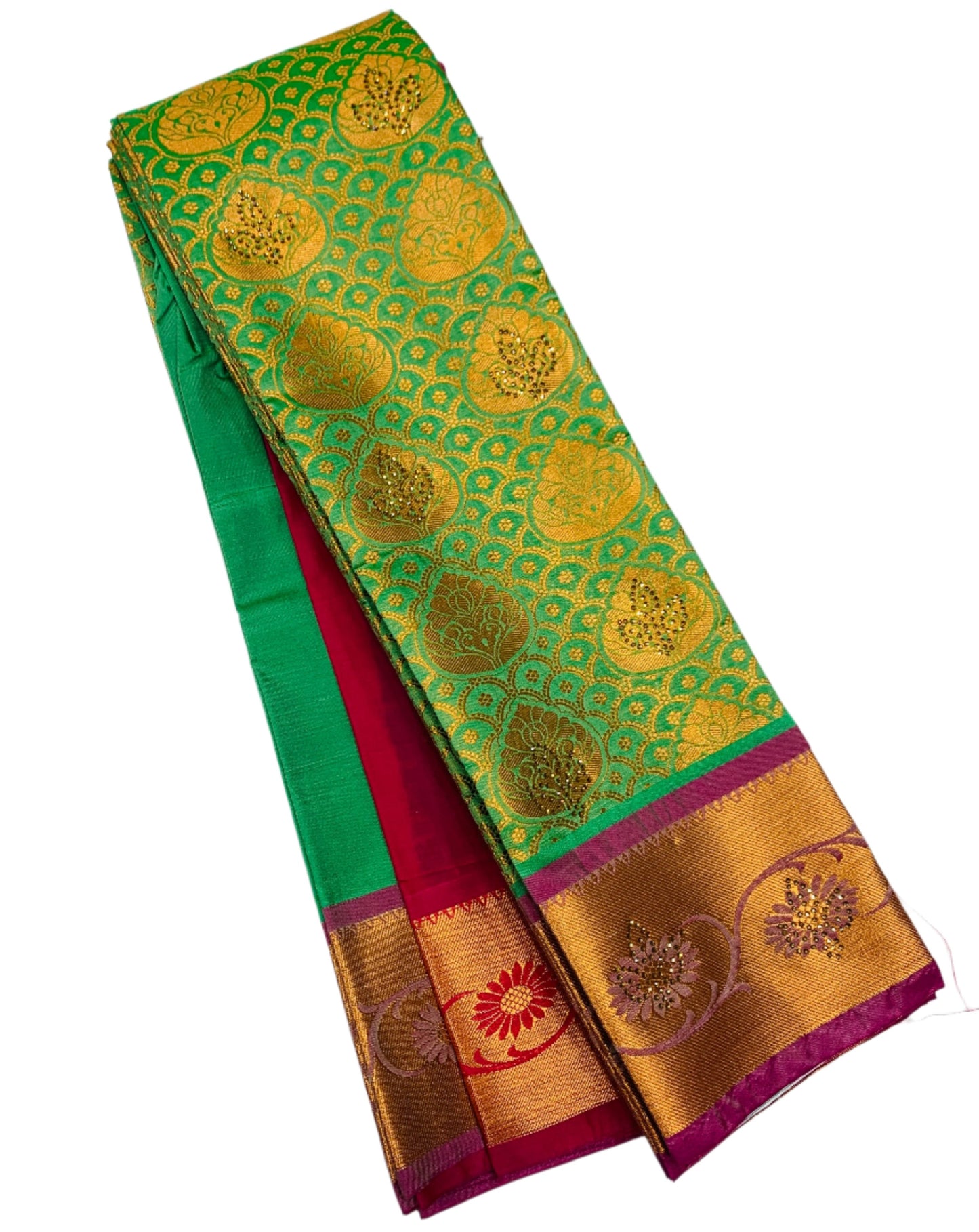 Vegan Silk Saree Light Green Colour with Copper and Pink Border