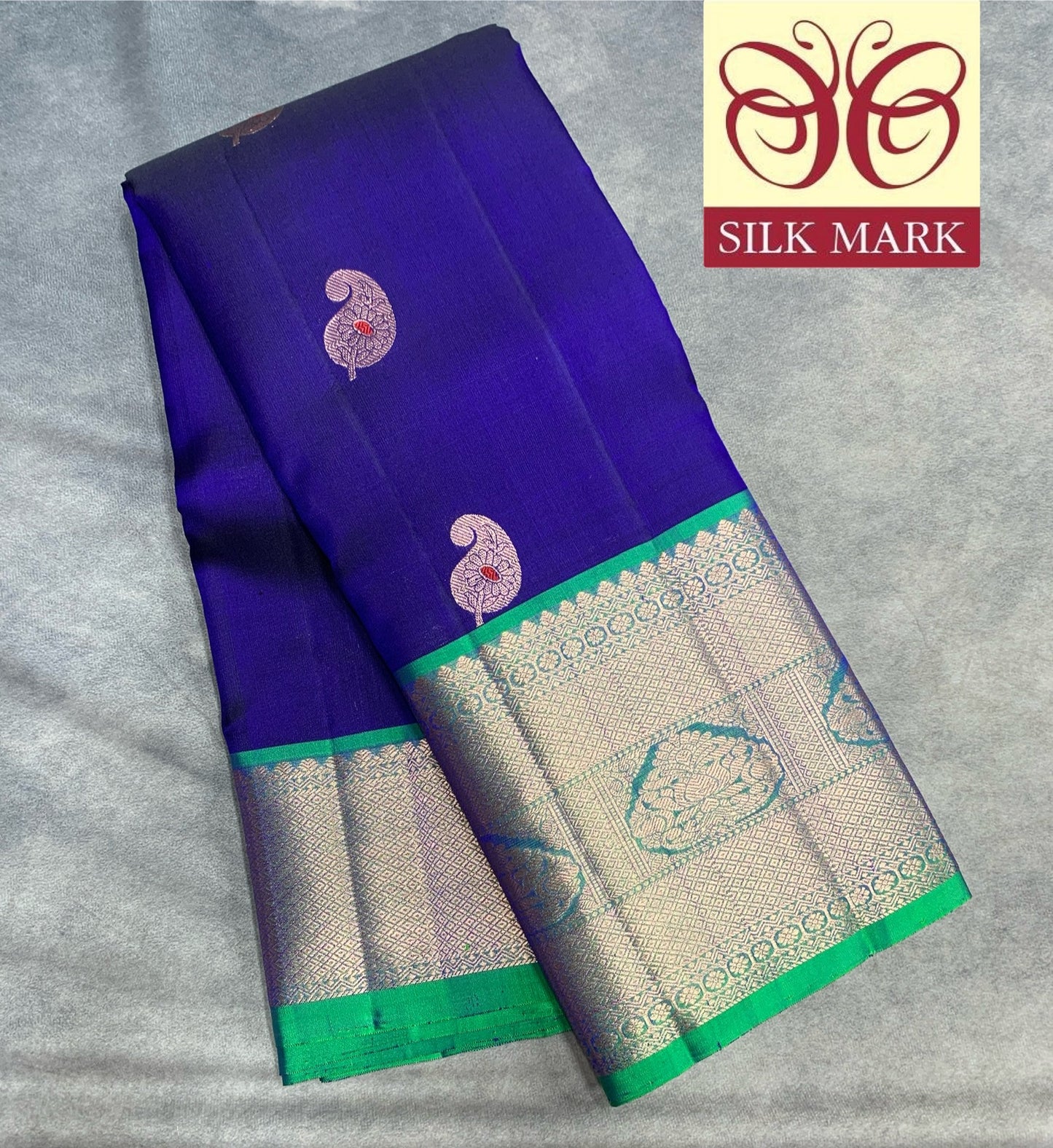 Pure Kanchipuram Silk Saree Blue Colour with Light Green Border