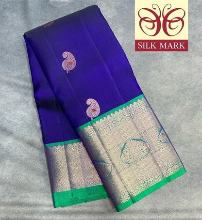 Pure Kanchipuram Silk Saree Blue Colour with Light Green Border