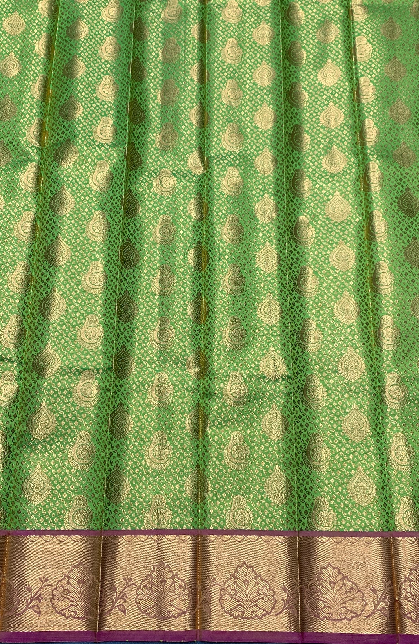 Vegan Silk Saree Apple Green Colour with Pink and Copper Border