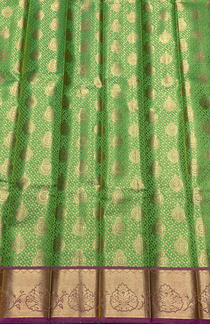 Vegan Silk Saree Apple Green Colour with Pink and Copper Border