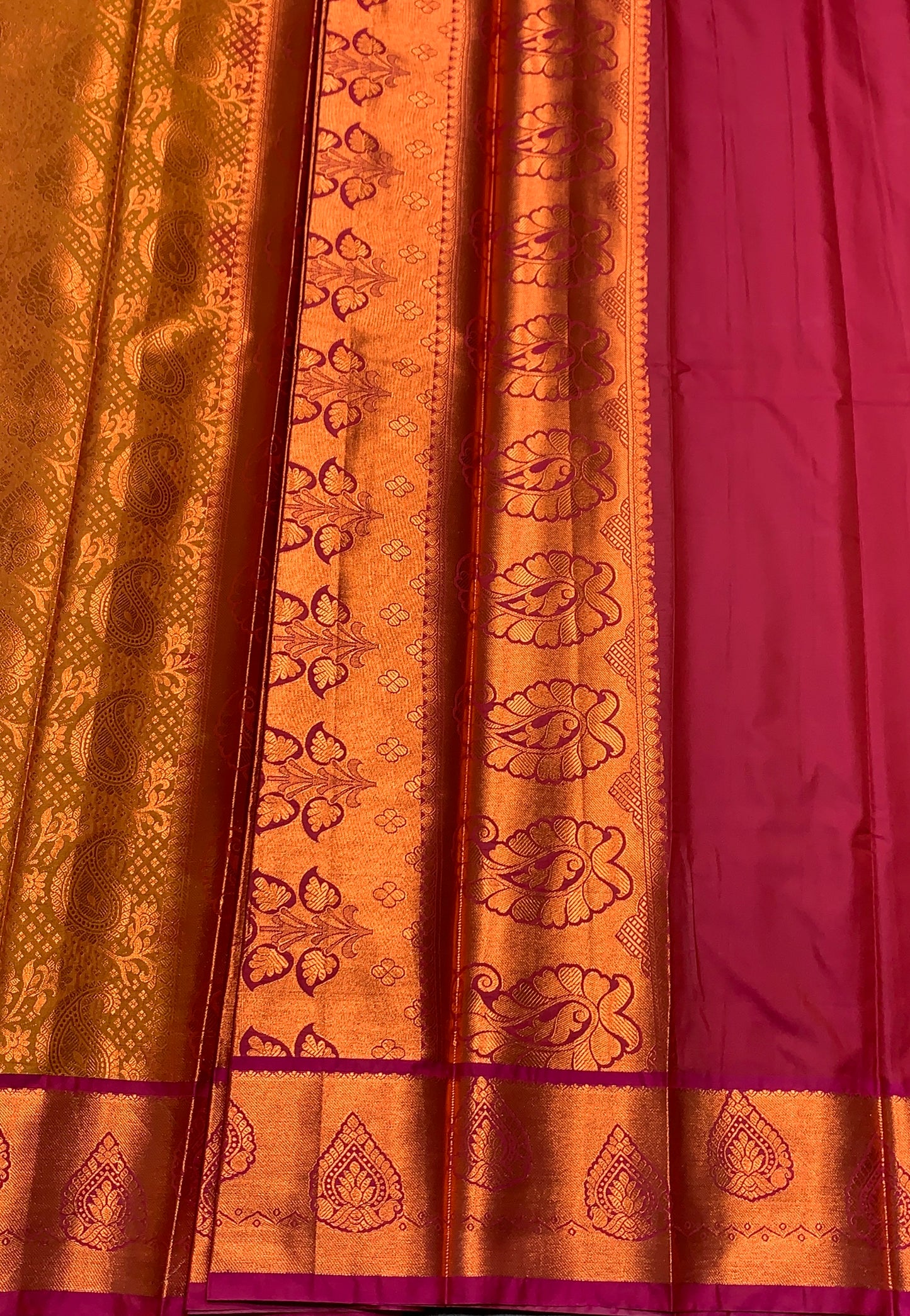 Vegan Silk Saree Golden Yellow Colour with Pink and Copper Border