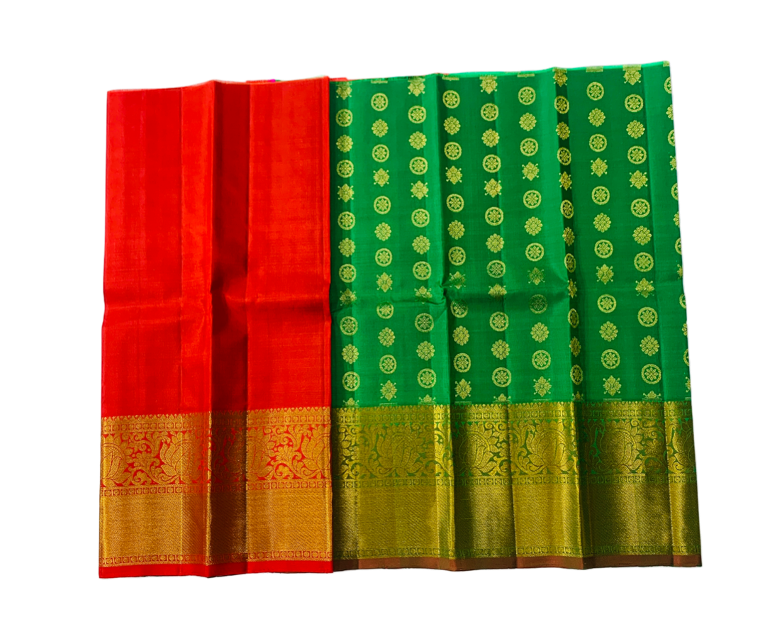 Green shade Pure kanchipuram Kids Pattu Pavadai with Golden border for newborn to 2