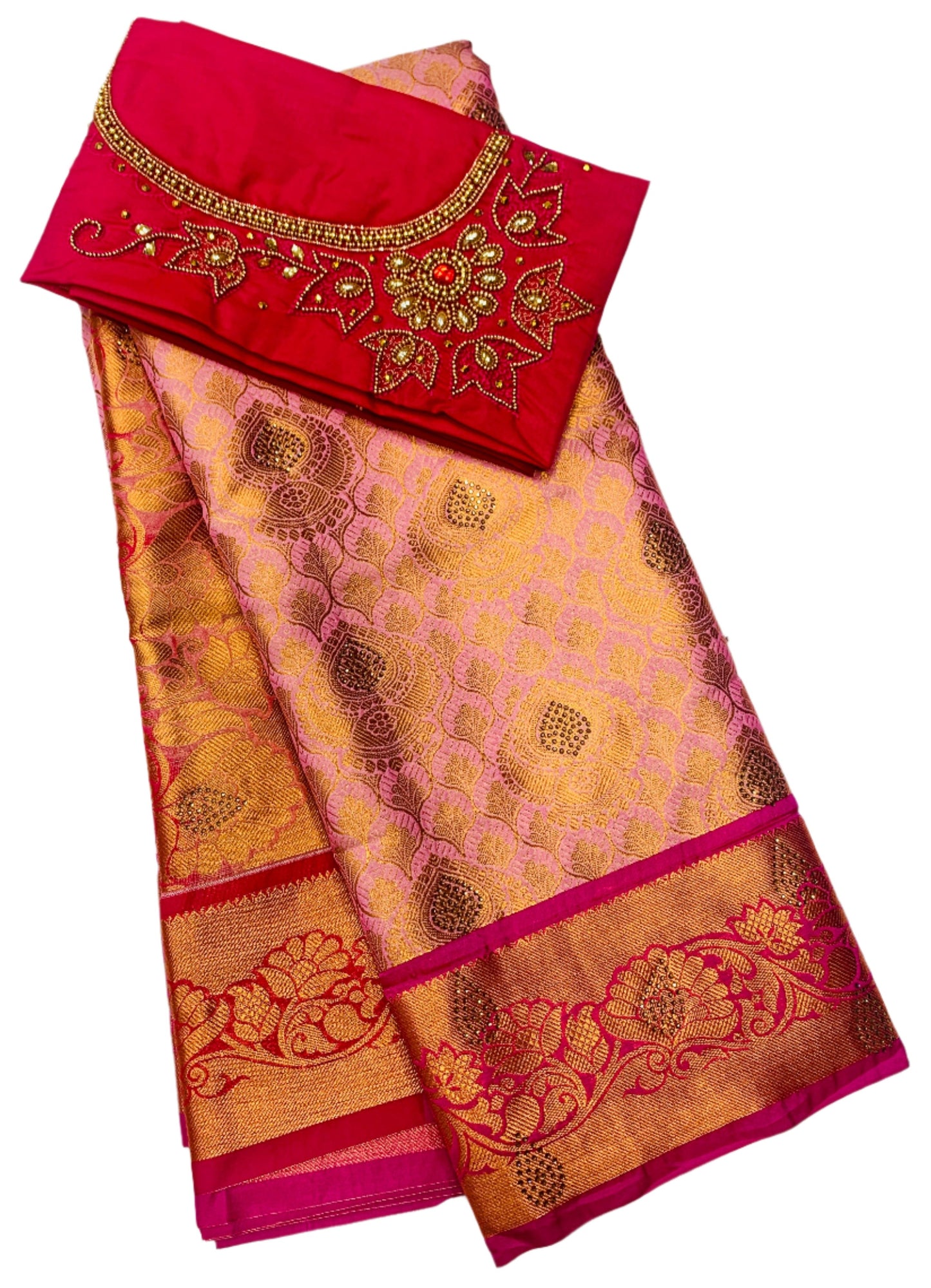 Bridal Vegan Silk Saree Baby Pink shade with Pink Border with Unstitched blouse in Aari work