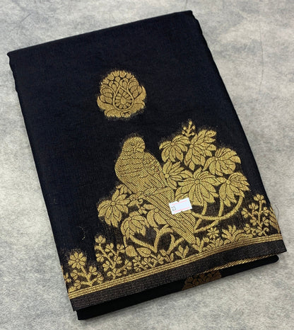 Kora Silk Saree Black Colour with Flower and Parrot Design Border