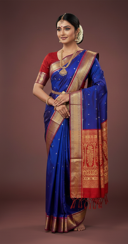 Blue Colour Saree with Golden and Red Border