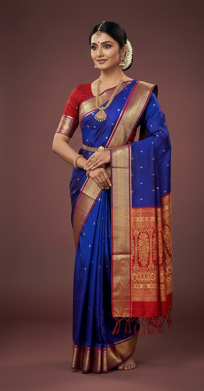 Blue Colour Saree with Golden and Red Border