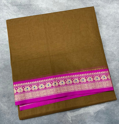 Chettinad Cotton Saree Brown Colour with Pink Colour with Thread Work Border