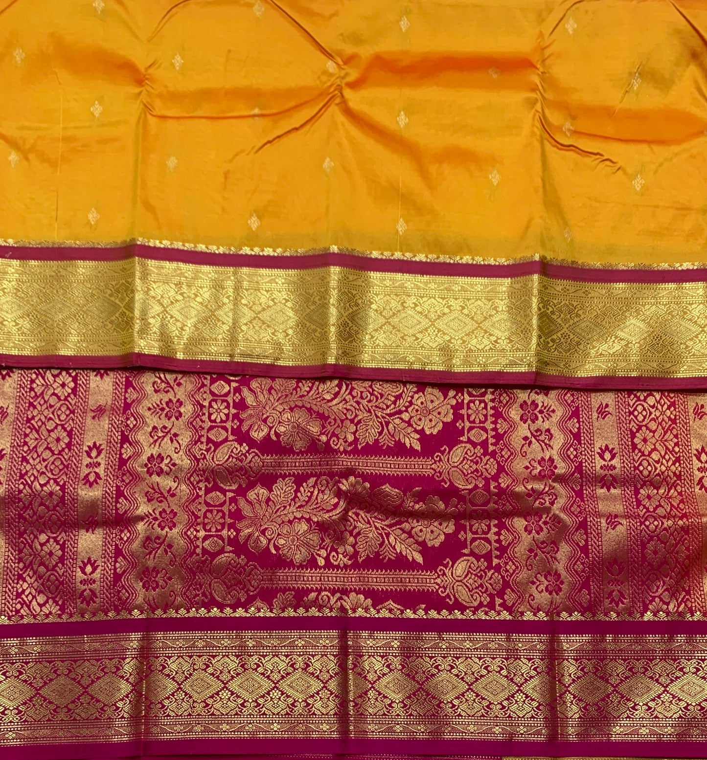 Mango Yellow Shade Saree with Golden and Red Border