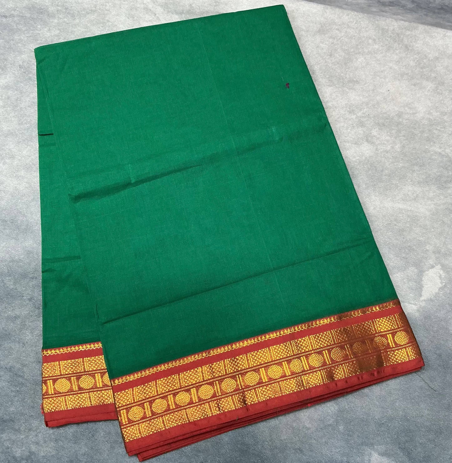 Chettinad Cotton Saree Leaf Green Colour with Red Colour with Zari Work Border