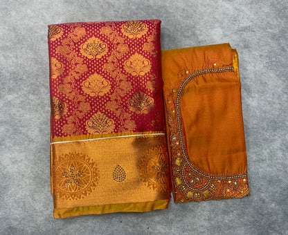 Bridal Vegan Silk Saree Pink shade with Golden Yellow Border with Unstitched blouse in Aari Work