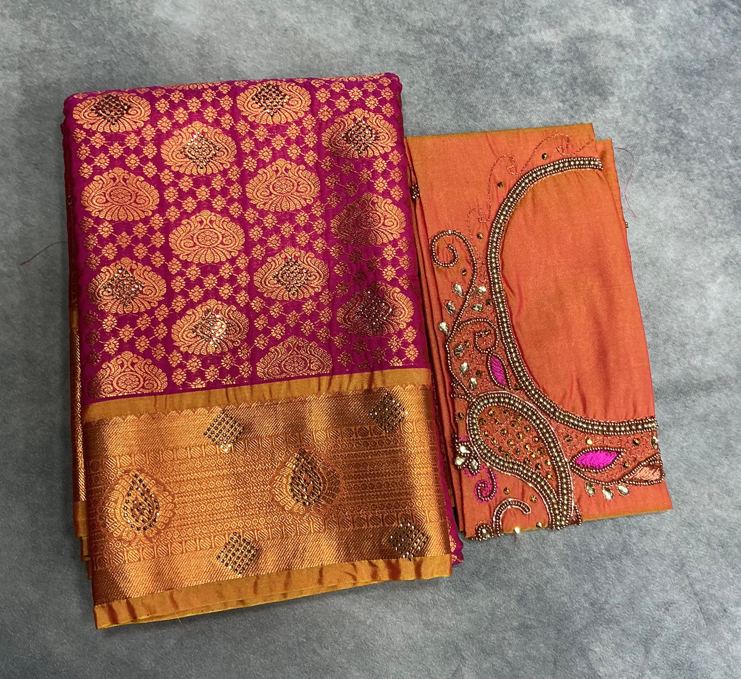 Bridal Vegan Silk Saree Pink Colour with Golden Yellow Border with Unstitched blouse in Aari work
