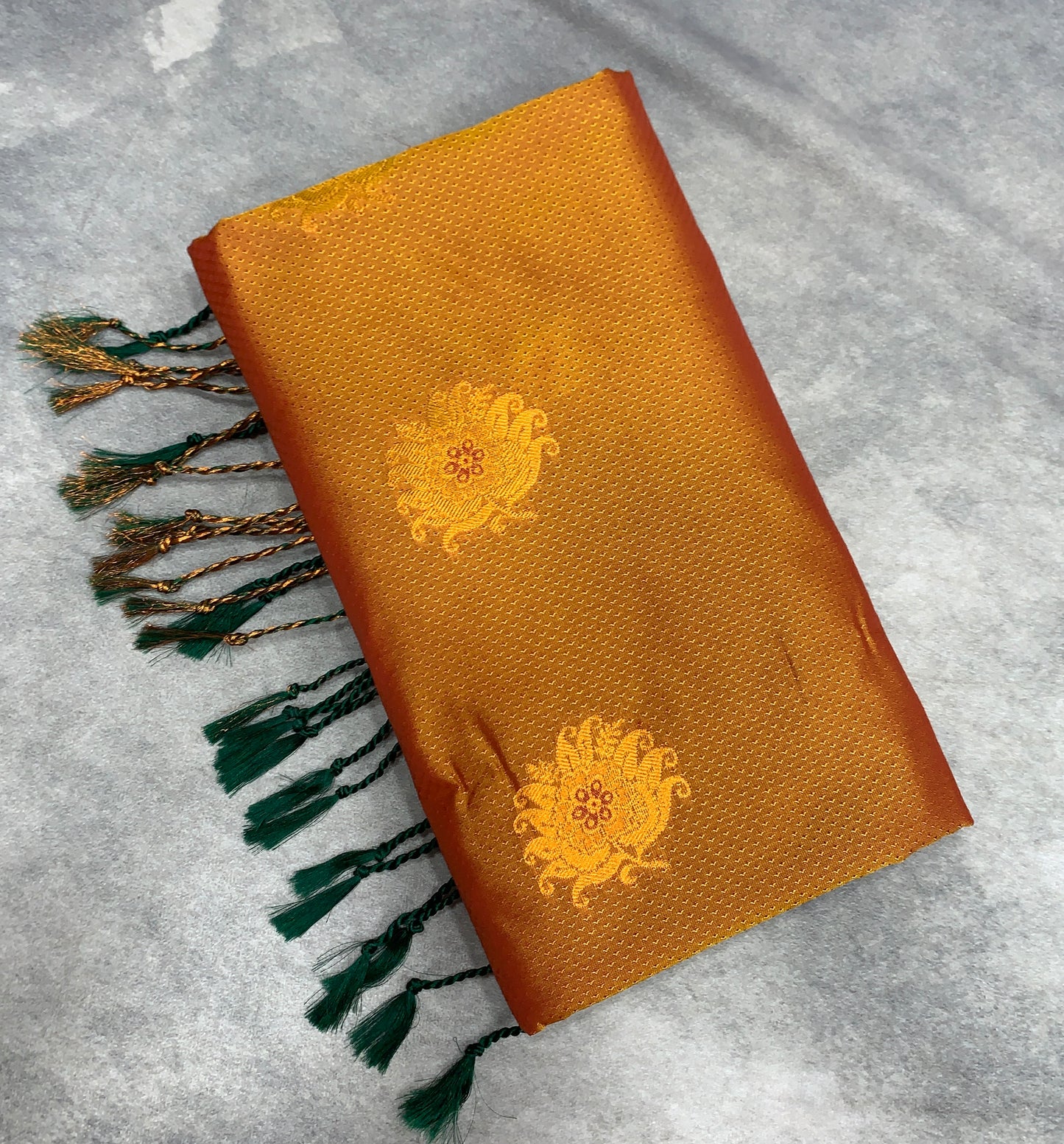 Soft Vegan Silk Saree Russet Colour with Green and Copper Border