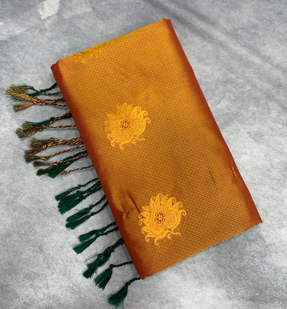 Soft Vegan Silk Saree Russet Colour with Green and Copper Border