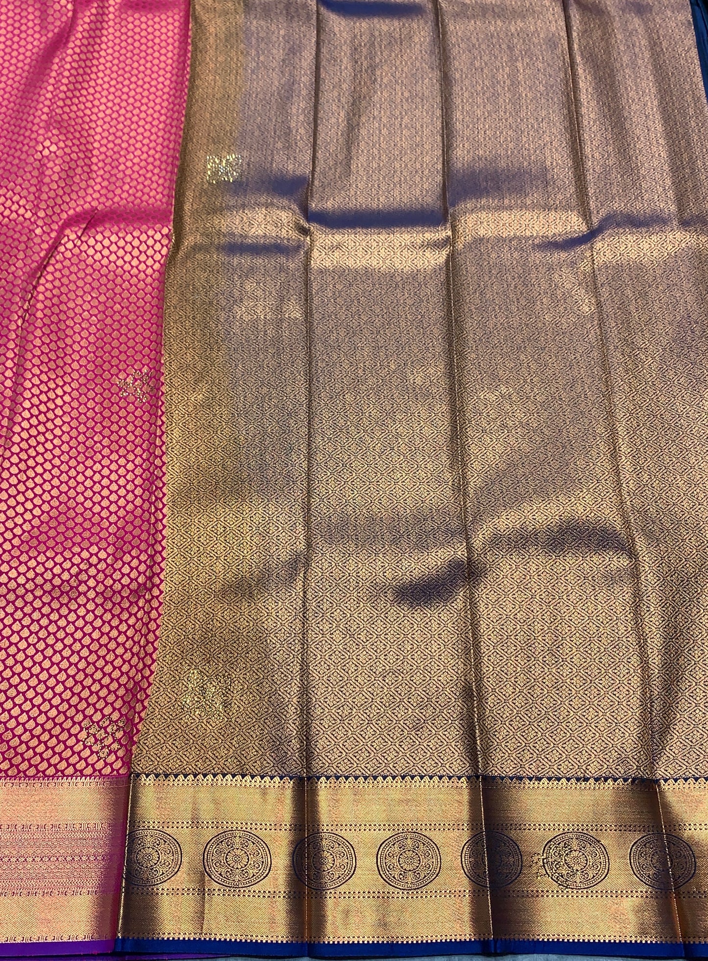 Vegan Silk Saree Pink Colour with Copper and Blue Floral Design Border