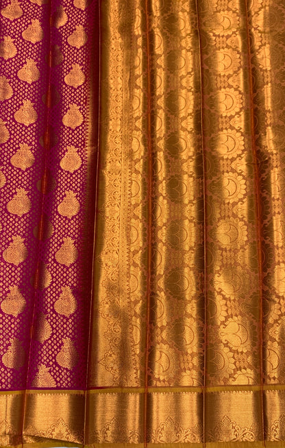 Vegan Silk Saree Pink Colour with Copper and Golden Yellow Border