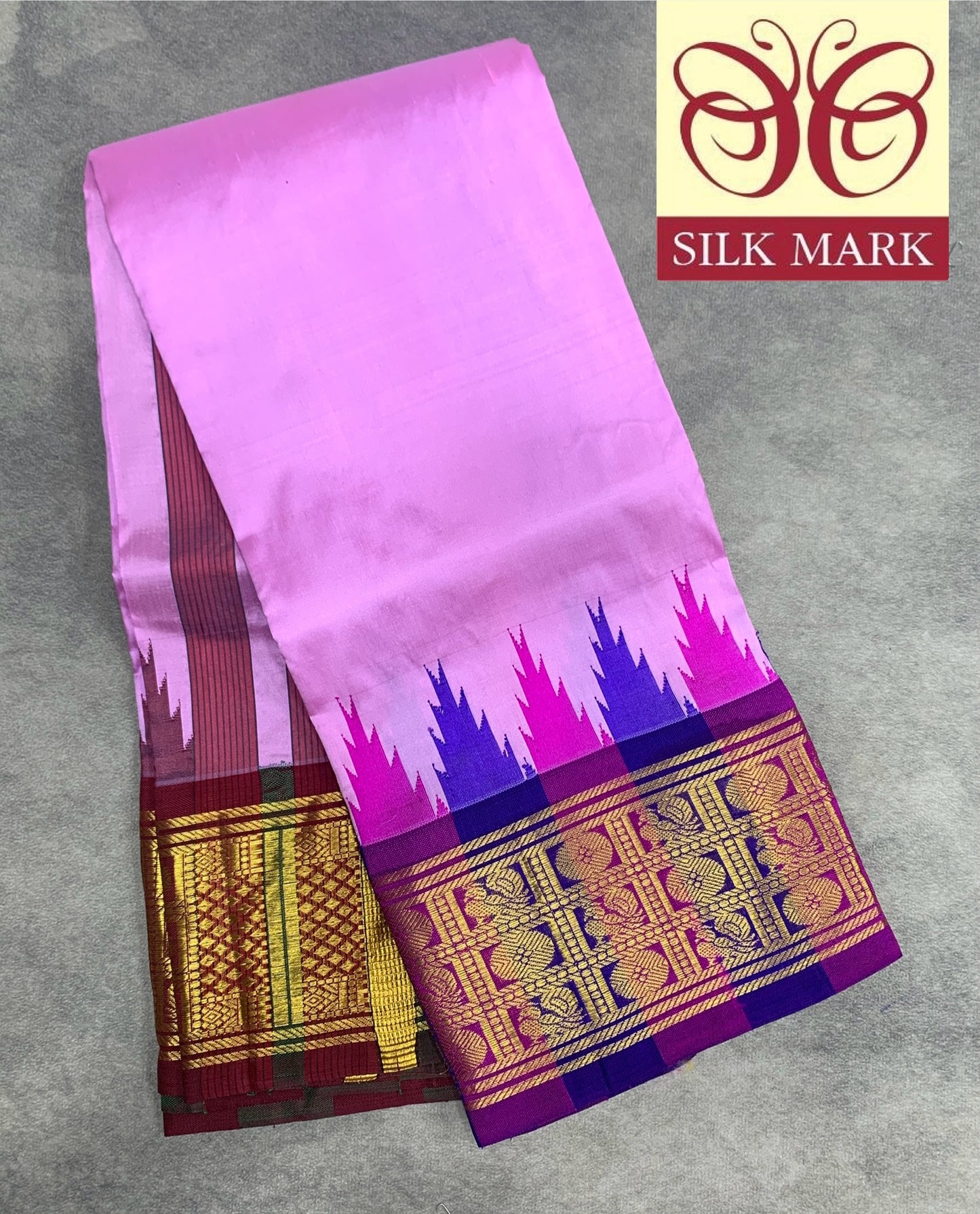 6 Mulam Silk Pooja Towel Baby Pink Colour with Ganga Jamuna Korvai Border