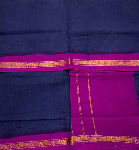 Chettinad Cotton Saree Navy Blue Shade with Magenta and Zari Border
