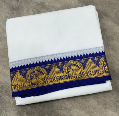 9X6 Cotton Dhoti White Colour with Navy Blue and Pink Border with Angavastram