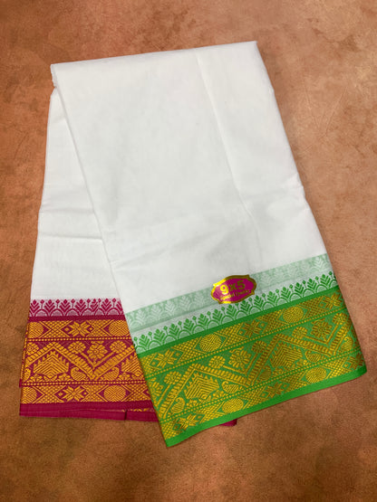 9X5 Cotton Dhoti White with Light Green and Pink Ganga Jamuna Border