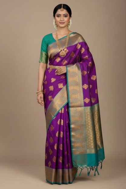 Soft Silk Casual Saree Purple Colour with Rama Green and Golden Colour Border