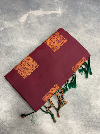 Soft Vegan Silk Saree Brown Colour with Green and Copper Border